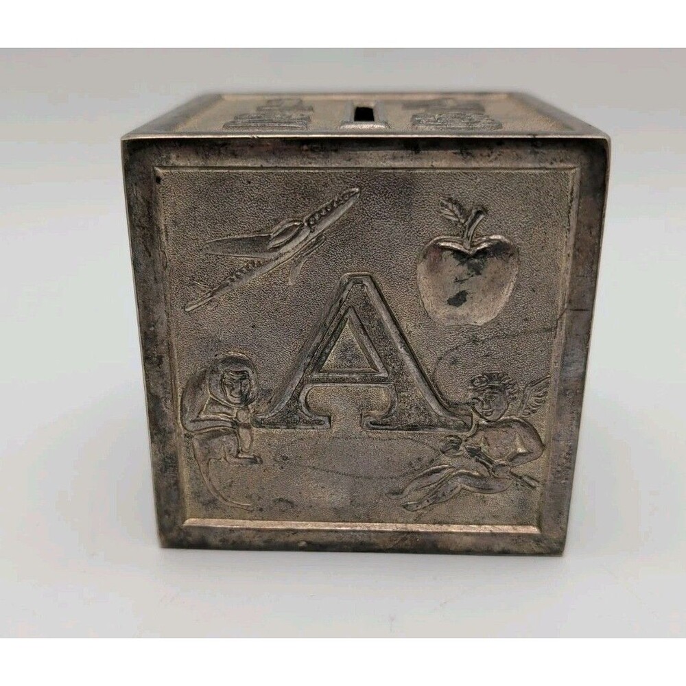 LEONARD SILVER PLATE ABCD CHILD'S PIGGY BANK COINS METAL ITALY 3" SQUARE